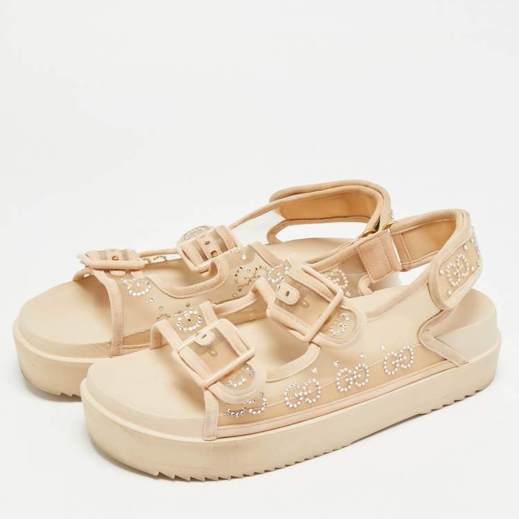 Pre Owned Gucci GG Size 39 Beige Mesh and Suede Crystal Slingback Sandals