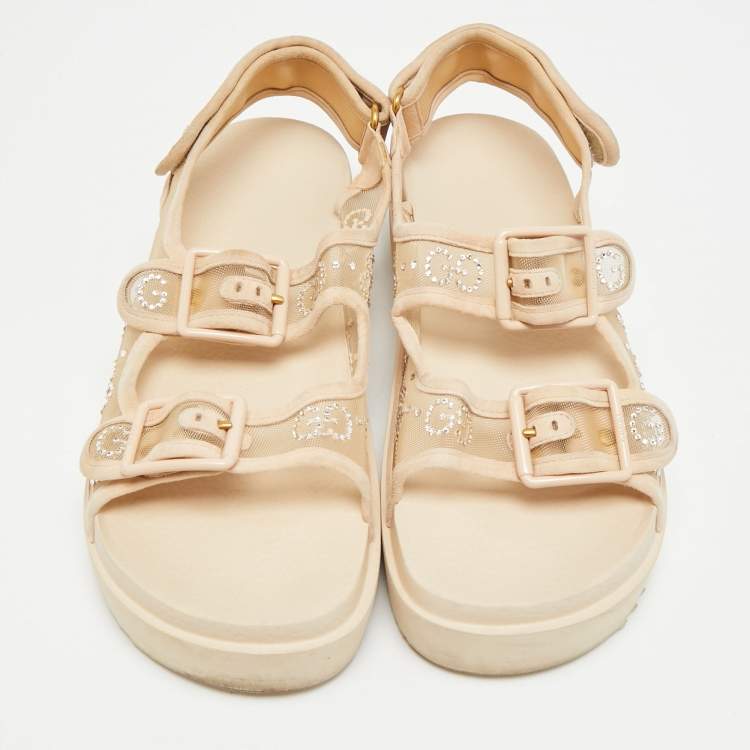Pre Owned Gucci GG Size 39 Beige Mesh and Suede Crystal Slingback Sandals