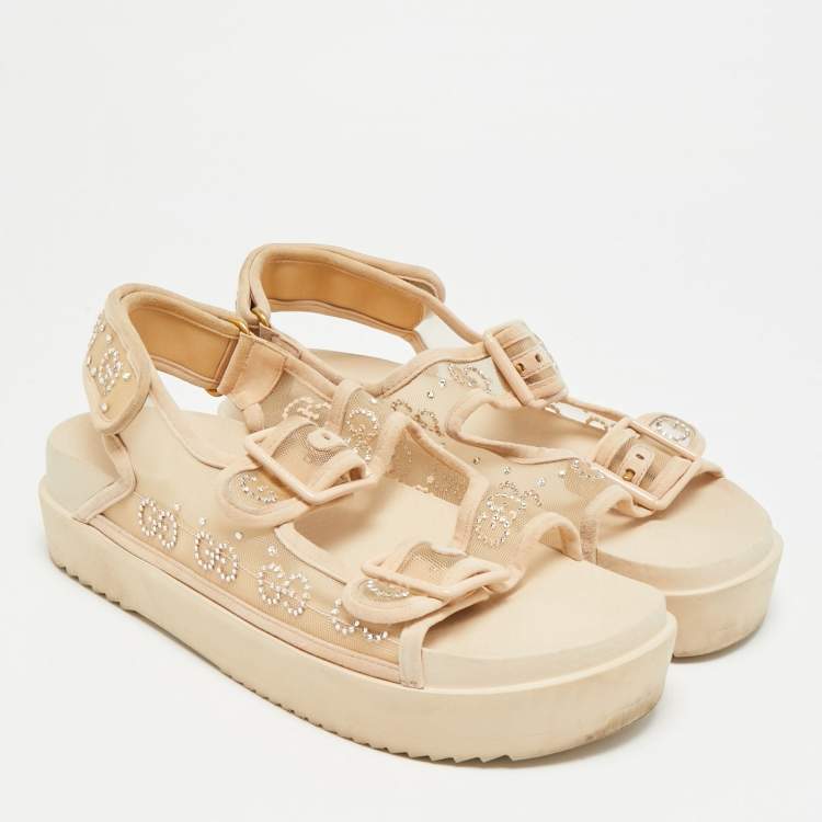 Pre Owned Gucci GG Size 39 Beige Mesh and Suede Crystal Slingback Sandals