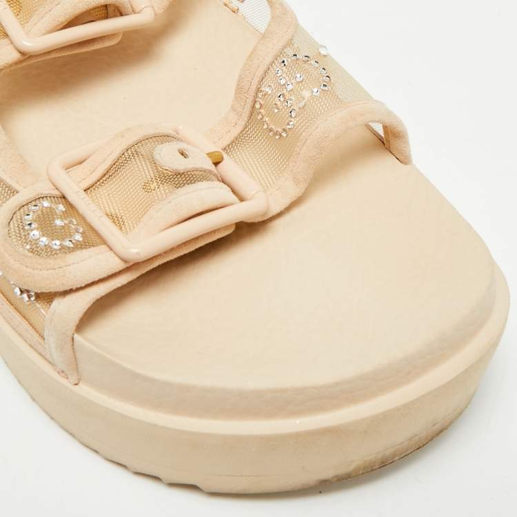Pre Owned Gucci GG Size 39 Beige Mesh and Suede Crystal Slingback Sandals