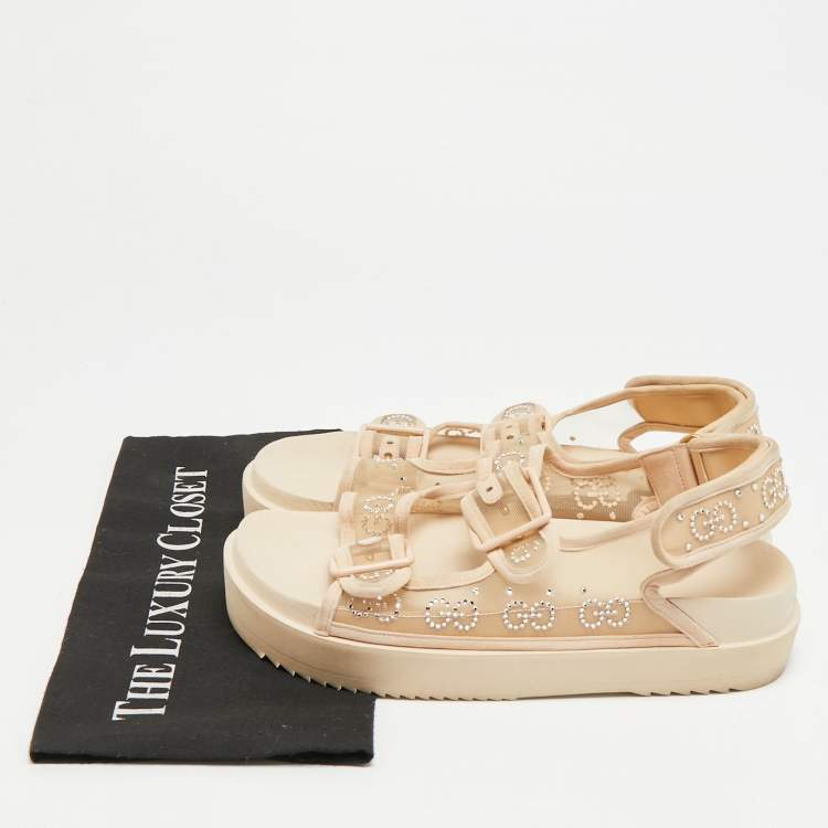 Pre Owned Gucci GG Size 39 Beige Mesh and Suede Crystal Slingback Sandals