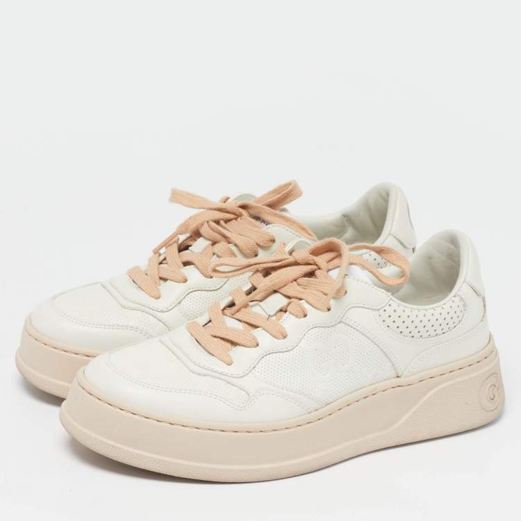 Pre Owned Gucci Jumbo GG Size 38.5 White Leather Chunky Low Top Sneakers