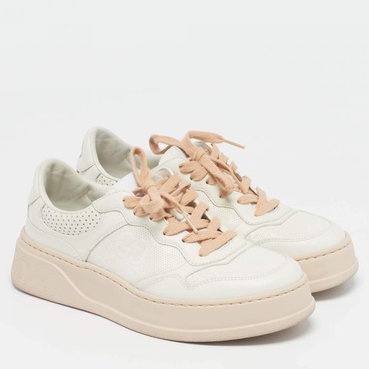 Pre Owned Gucci Jumbo GG Size 38.5 White Leather Chunky Low Top Sneakers