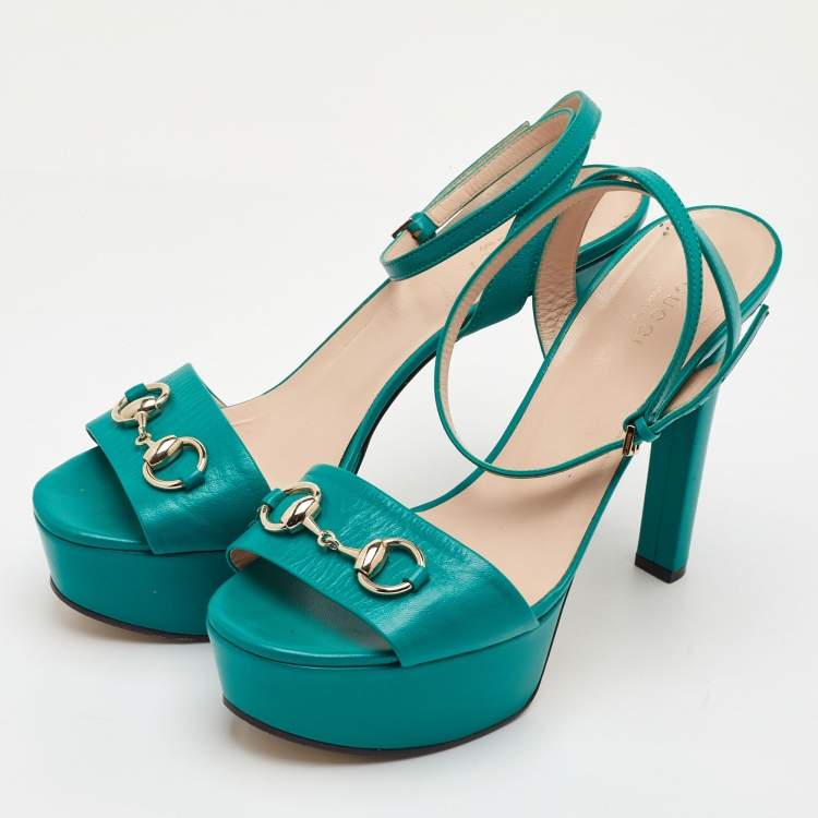 Pre Owned Gucci Horsebit Size 39 Green Leather Block Heel Ankle Strap Sandals