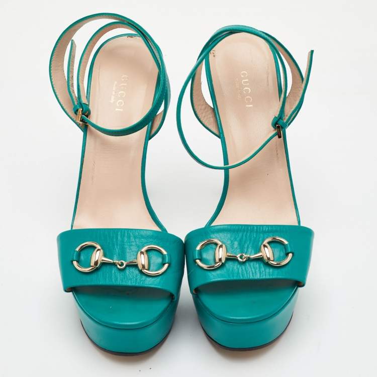 Pre Owned Gucci Horsebit Size 39 Green Leather Block Heel Ankle Strap Sandals