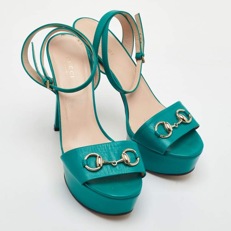 Pre Owned Gucci Horsebit Size 39 Green Leather Block Heel Ankle Strap Sandals