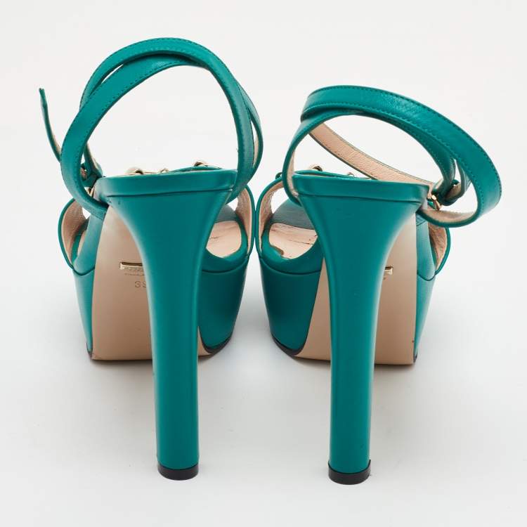 Pre Owned Gucci Horsebit Size 39 Green Leather Block Heel Ankle Strap Sandals
