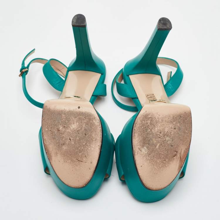 Pre Owned Gucci Horsebit Size 39 Green Leather Block Heel Ankle Strap Sandals