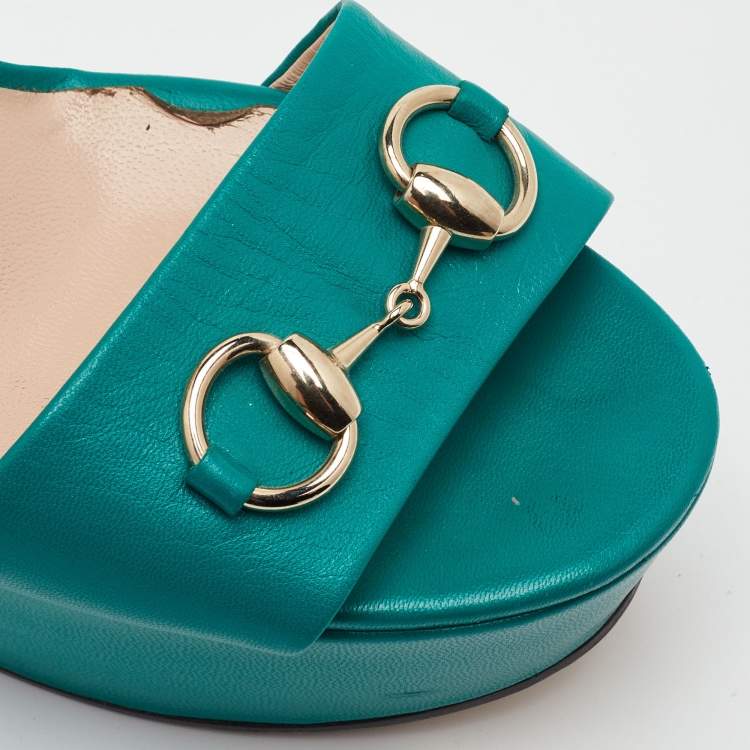 Pre Owned Gucci Horsebit Size 39 Green Leather Block Heel Ankle Strap Sandals