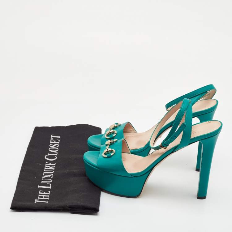 Pre Owned Gucci Horsebit Size 39 Green Leather Block Heel Ankle Strap Sandals