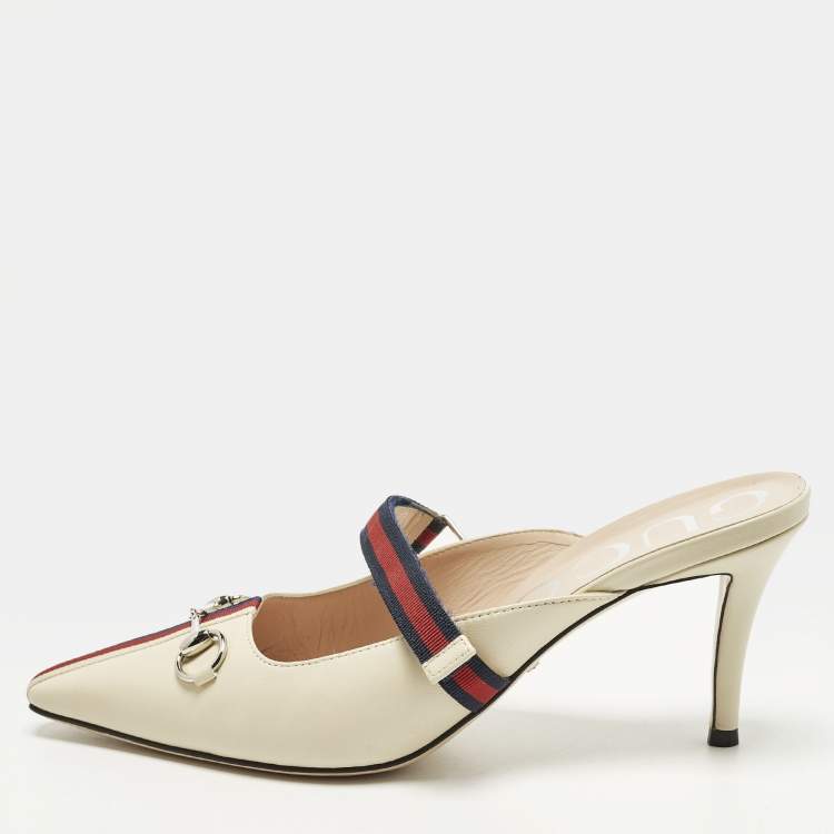 Pre Owned Gucci Horsebit Size 38.5 Cream Leather Emma Web Strap Mules