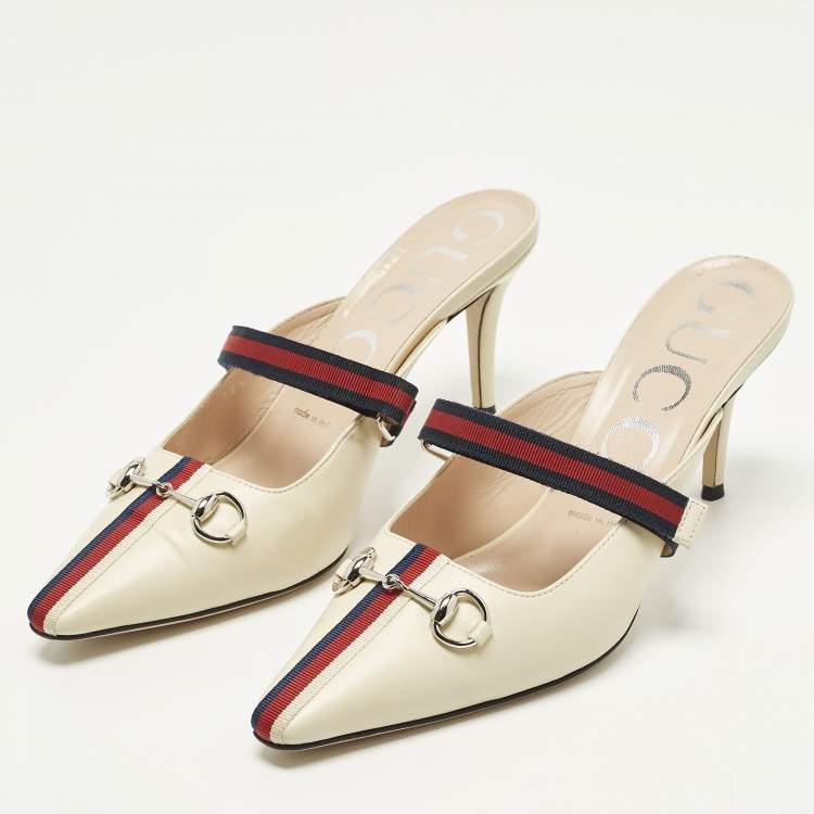 Pre Owned Gucci Horsebit Size 38.5 Cream Leather Emma Web Strap Mules