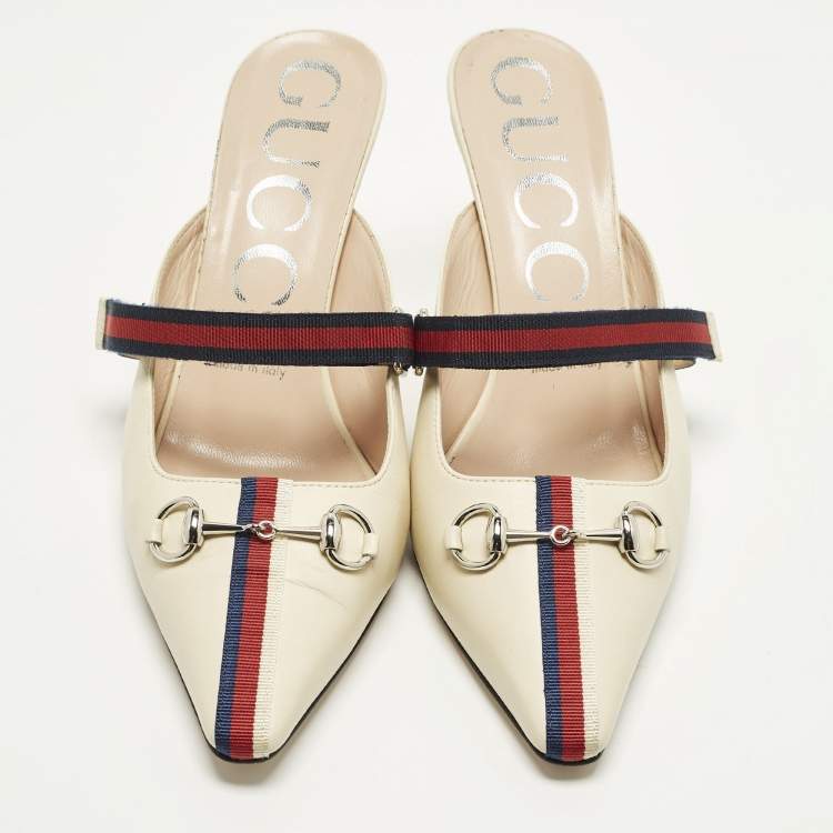 Pre Owned Gucci Horsebit Size 38.5 Cream Leather Emma Web Strap Mules