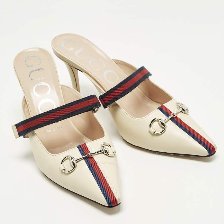 Pre Owned Gucci Horsebit Size 38.5 Cream Leather Emma Web Strap Mules
