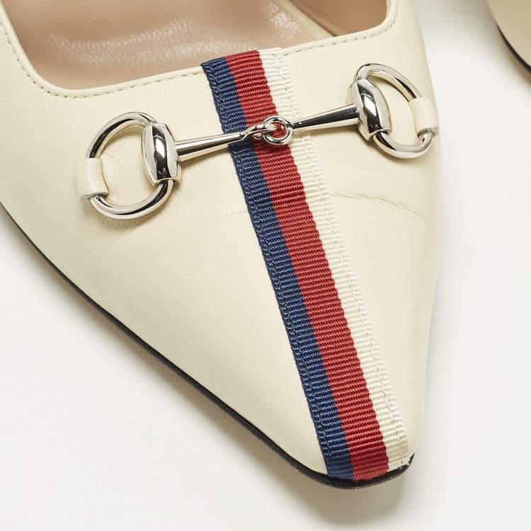Pre Owned Gucci Horsebit Size 38.5 Cream Leather Emma Web Strap Mules