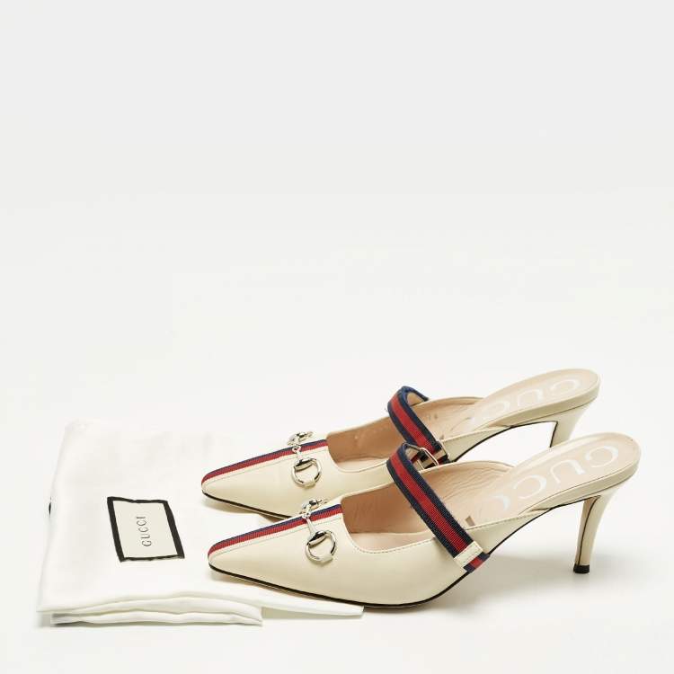 Pre Owned Gucci Horsebit Size 38.5 Cream Leather Emma Web Strap Mules