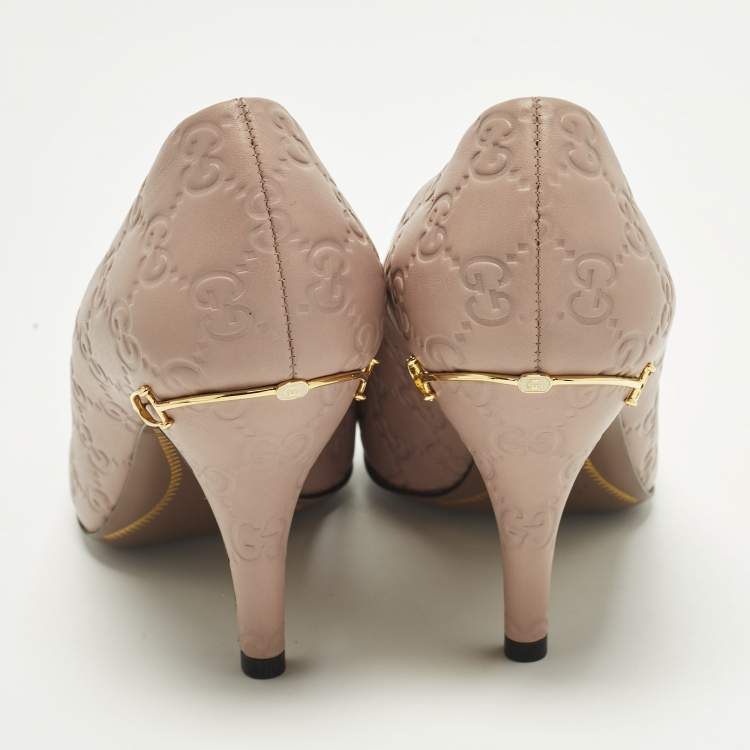 Pre Owned Gucci Guccissima Size 37.5 Pink Leather Horsebit Heel Pumps