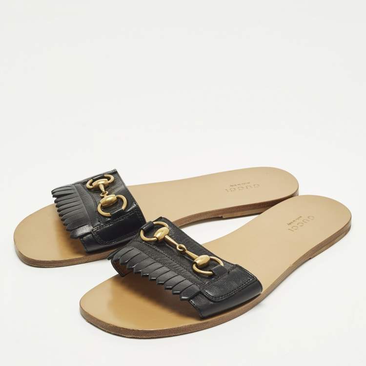 Pre Owned Gucci Horsebit Size 38.5 Black Fringe Leather Flat Slides