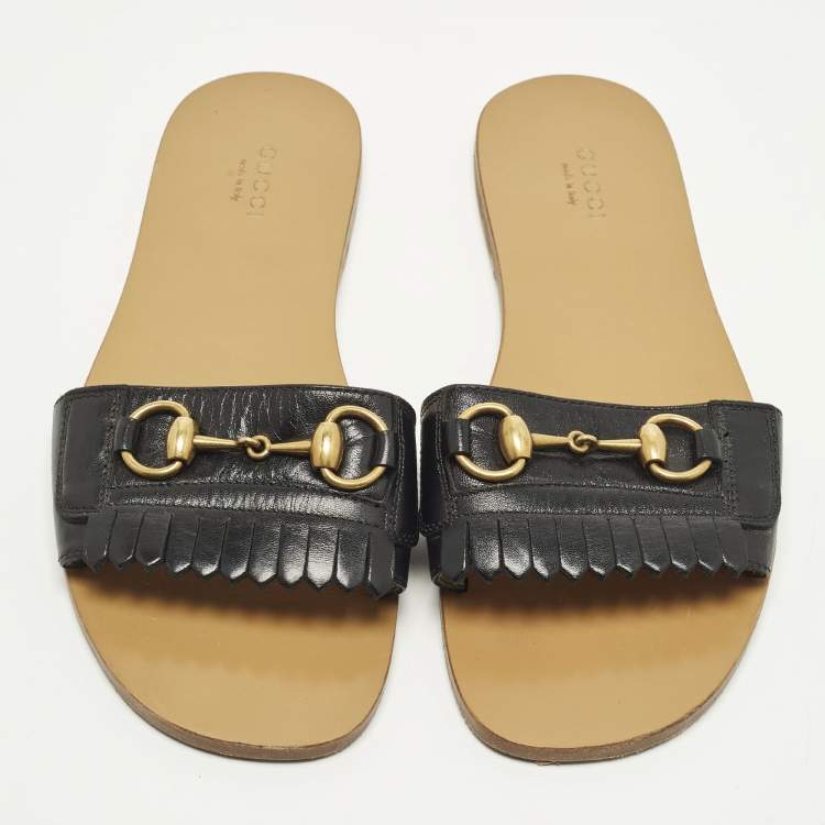 Pre Owned Gucci Horsebit Size 38.5 Black Fringe Leather Flat Slides