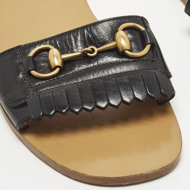 Pre Owned Gucci Horsebit Size 38.5 Black Fringe Leather Flat Slides