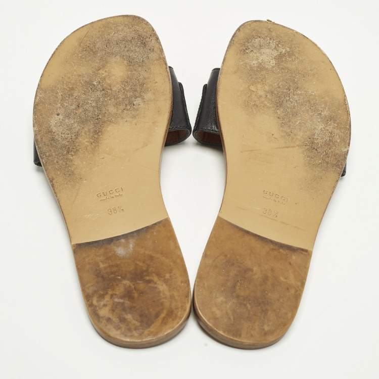 Pre Owned Gucci Horsebit Size 38.5 Black Fringe Leather Flat Slides