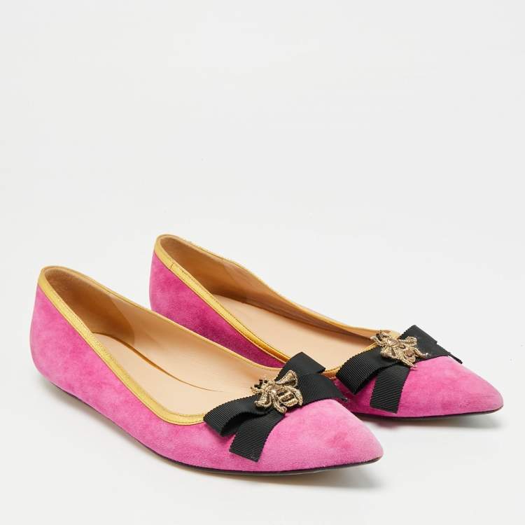 Pre Owned Gucci Size 38 Pink Leather and Suede Bow Bee Embellished Ballet Flats