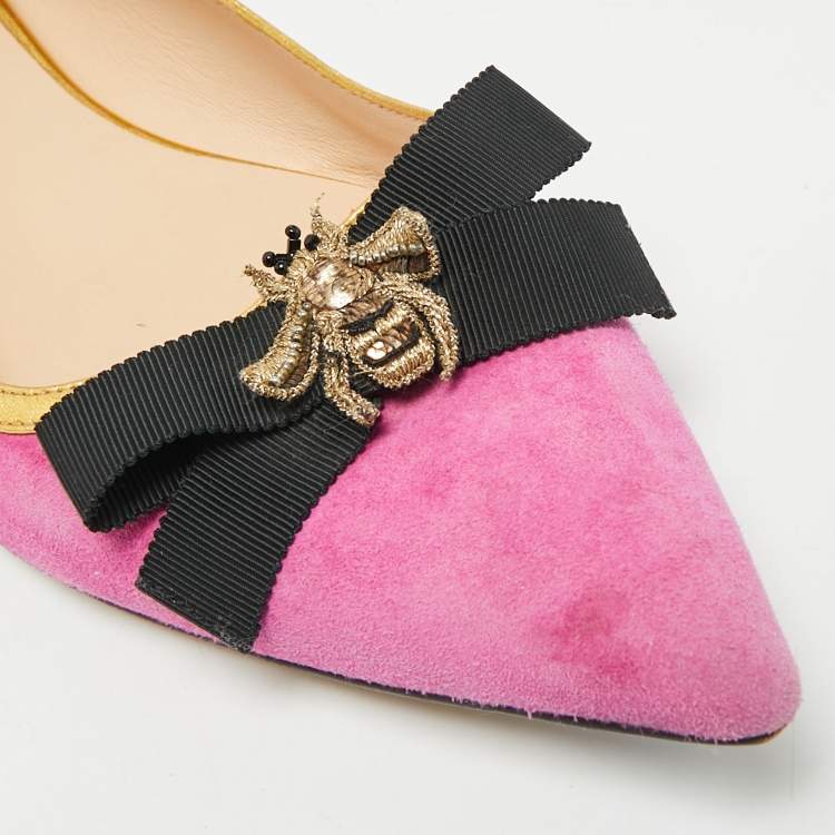 Pre Owned Gucci Size 38 Pink Leather and Suede Bow Bee Embellished Ballet Flats