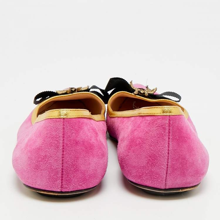 Pre Owned Gucci Size 38 Pink Leather and Suede Bow Bee Embellished Ballet Flats