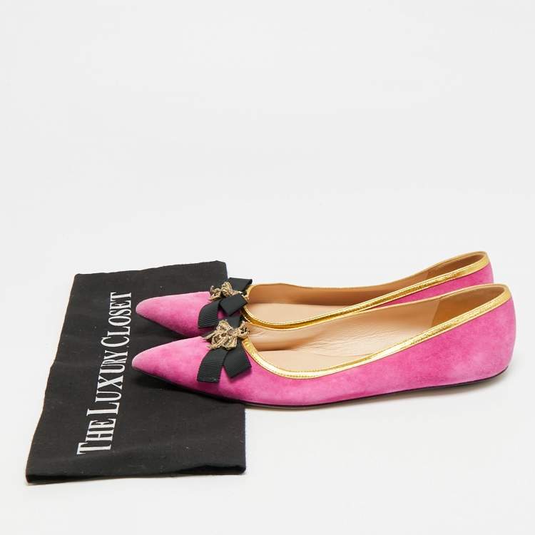 Pre Owned Gucci Size 38 Pink Leather and Suede Bow Bee Embellished Ballet Flats
