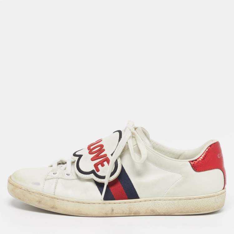 Pre Owned Gucci Ace Size 38.5 White Leather and Python Embossed Blind For Love Patch Low Top Sneakers