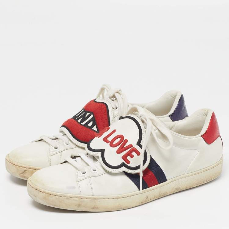 Pre Owned Gucci Ace Size 38.5 White Leather and Python Embossed Blind For Love Patch Low Top Sneakers