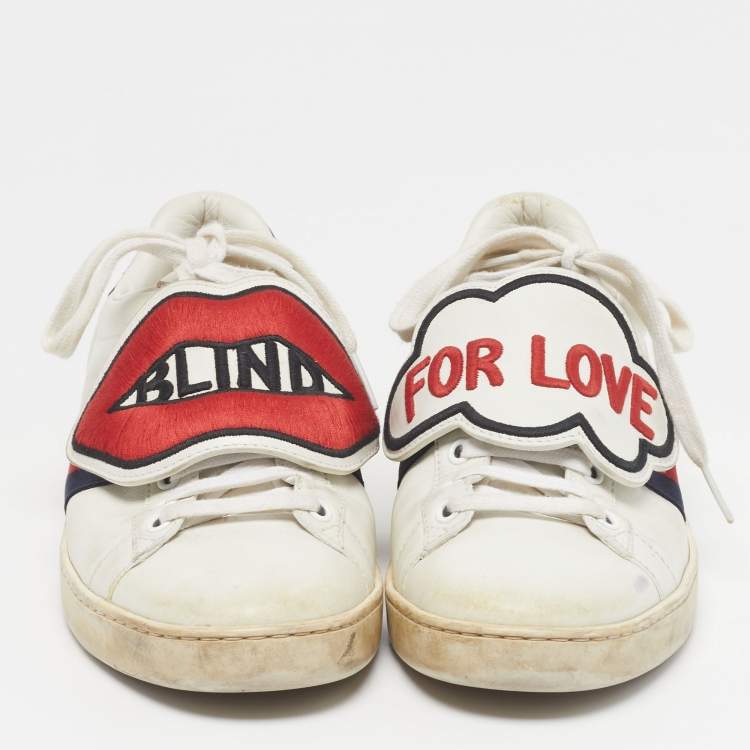 Pre Owned Gucci Ace Size 38.5 White Leather and Python Embossed Blind For Love Patch Low Top Sneakers