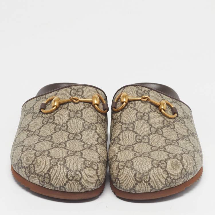 Pre Owned Gucci Horsebit Size 37.5 Beige/Brown GG Supreme Canvas and Leather Flat Mules