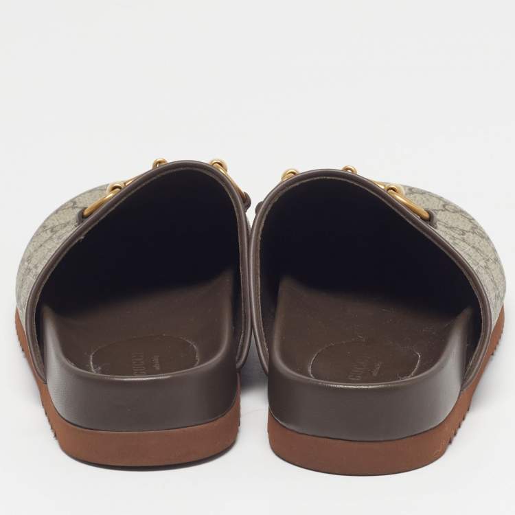 Pre Owned Gucci Horsebit Size 37.5 Beige/Brown GG Supreme Canvas and Leather Flat Mules