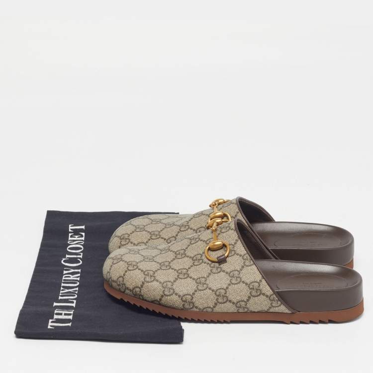 Pre Owned Gucci Horsebit Size 37.5 Beige/Brown GG Supreme Canvas and Leather Flat Mules