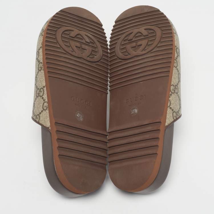 Pre Owned Gucci Horsebit Size 37.5 Beige/Brown GG Supreme Canvas and Leather Flat Mules