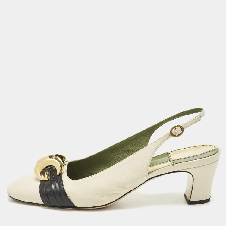 Pre Owned Gucci Half Moon Size 41 Cream/Black Leather Slingback Pumps