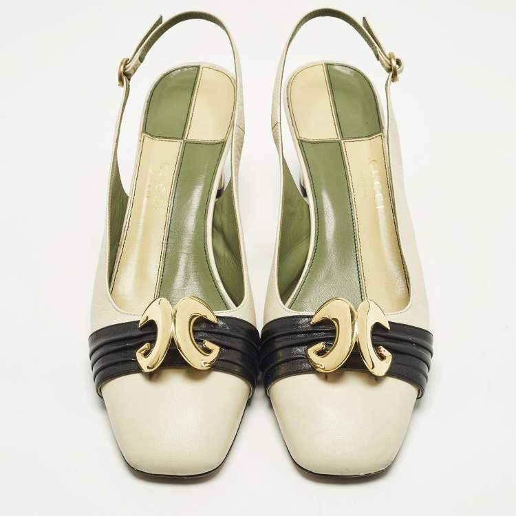 Pre Owned Gucci Half Moon Size 41 Cream/Black Leather Slingback Pumps