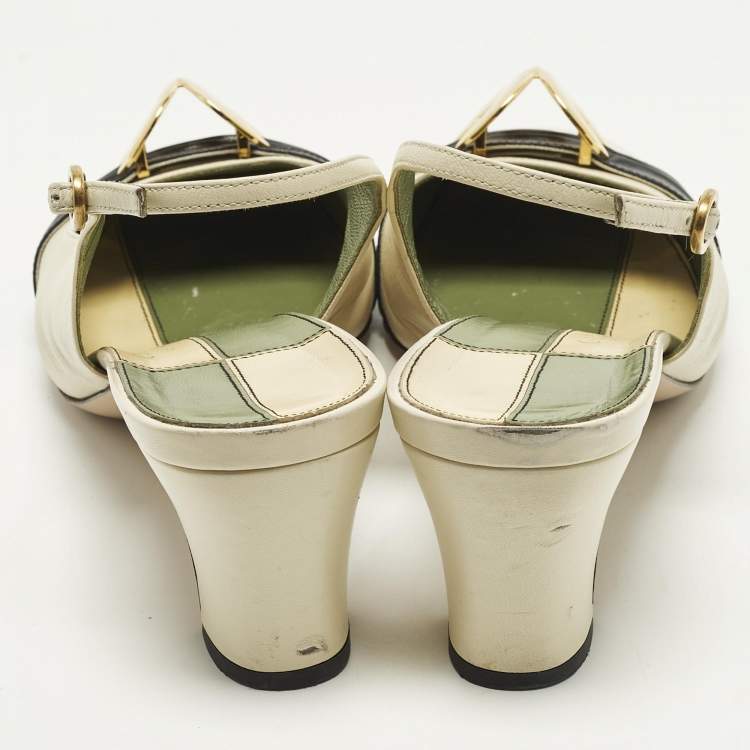 Pre Owned Gucci Half Moon Size 41 Cream/Black Leather Slingback Pumps