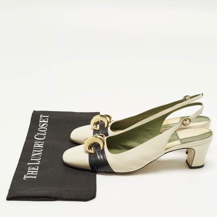 Pre Owned Gucci Half Moon Size 41 Cream/Black Leather Slingback Pumps
