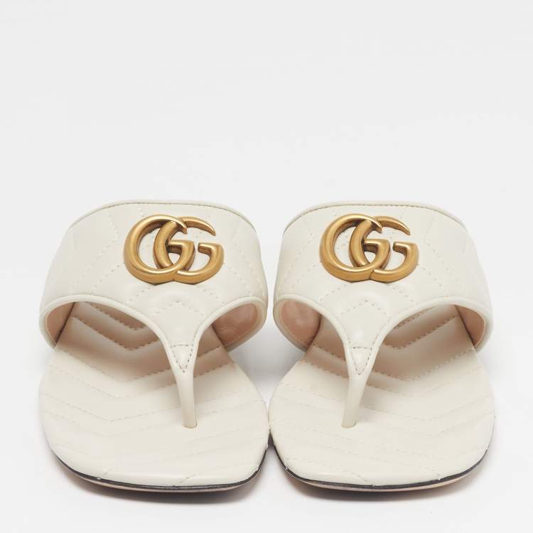 Pre Owned Gucci GG Marmont Size 37 White Leather Thong Flat Sandals