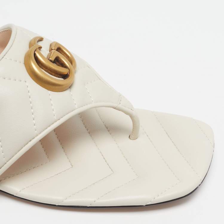 Pre Owned Gucci GG Marmont Size 37 White Leather Thong Flat Sandals