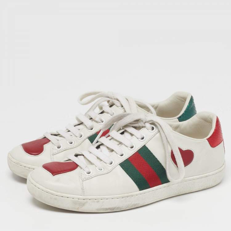 Pre Owned Gucci Size 35.5 White Leather Ace Web Heart Detail Lace Up Sneaker 