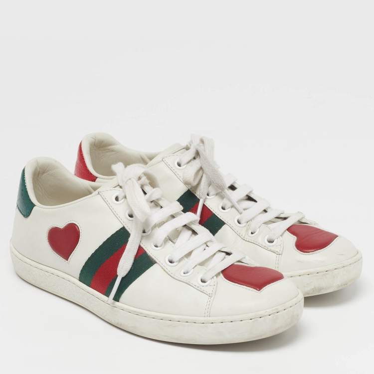 Pre Owned Gucci Size 35.5 White Leather Ace Web Heart Detail Lace Up Sneaker 