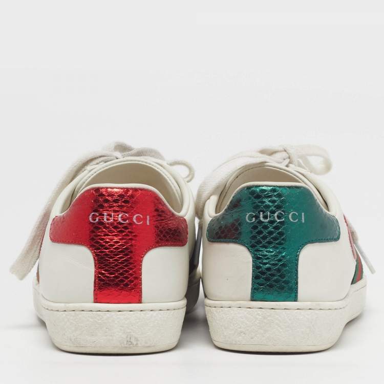 Pre Owned Gucci Size 35.5 White Leather Ace Web Heart Detail Lace Up Sneaker 