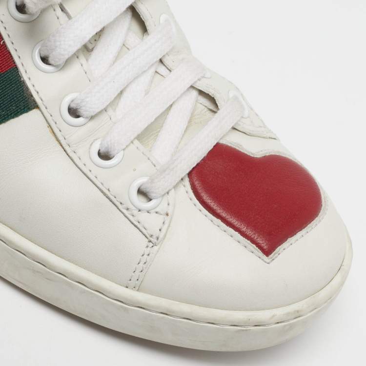 Pre Owned Gucci Size 35.5 White Leather Ace Web Heart Detail Lace Up Sneaker 