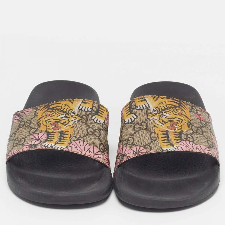 Pre Owned Gucci Bengal Tiger Size 40 Multicolor GG Supreme Canvas Flat Slide Sandals