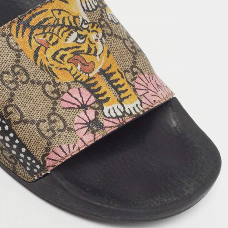 Pre Owned Gucci Bengal Tiger Size 40 Multicolor GG Supreme Canvas Flat Slide Sandals