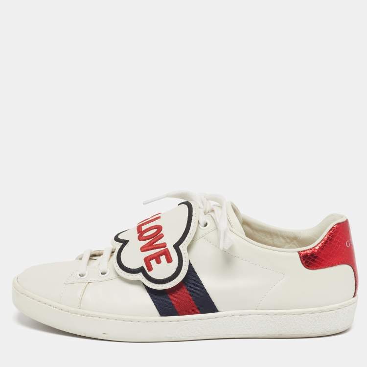 Pre Owned Gucci Ace Size 38.5 Cream/Red Leather and Python Embossed Leather Lace Up Sneakers