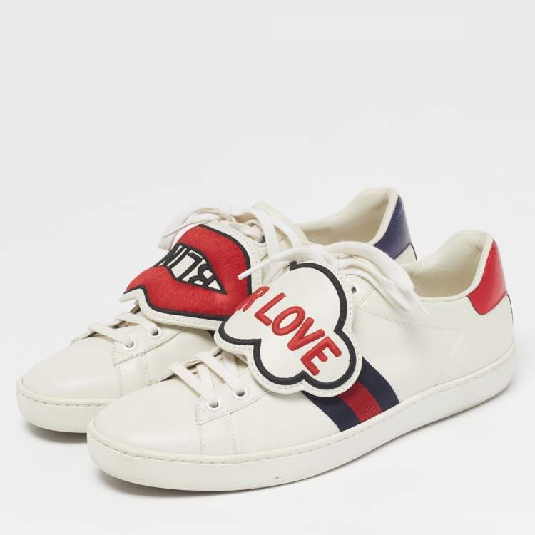 Pre Owned Gucci Ace Size 38.5 Cream/Red Leather and Python Embossed Leather Lace Up Sneakers